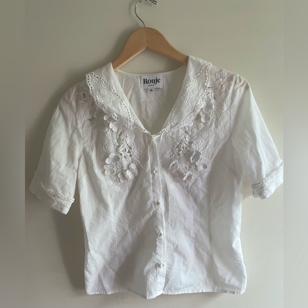 Rouje White Textured Embroidered Blouse